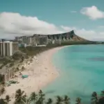 Tourists enjoying a sunny day at Waikiki Beach