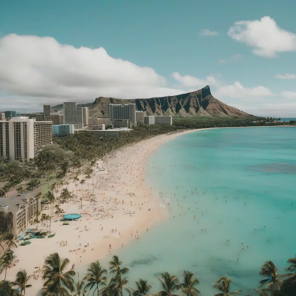 Tourists enjoying a sunny day at Waikiki Beach