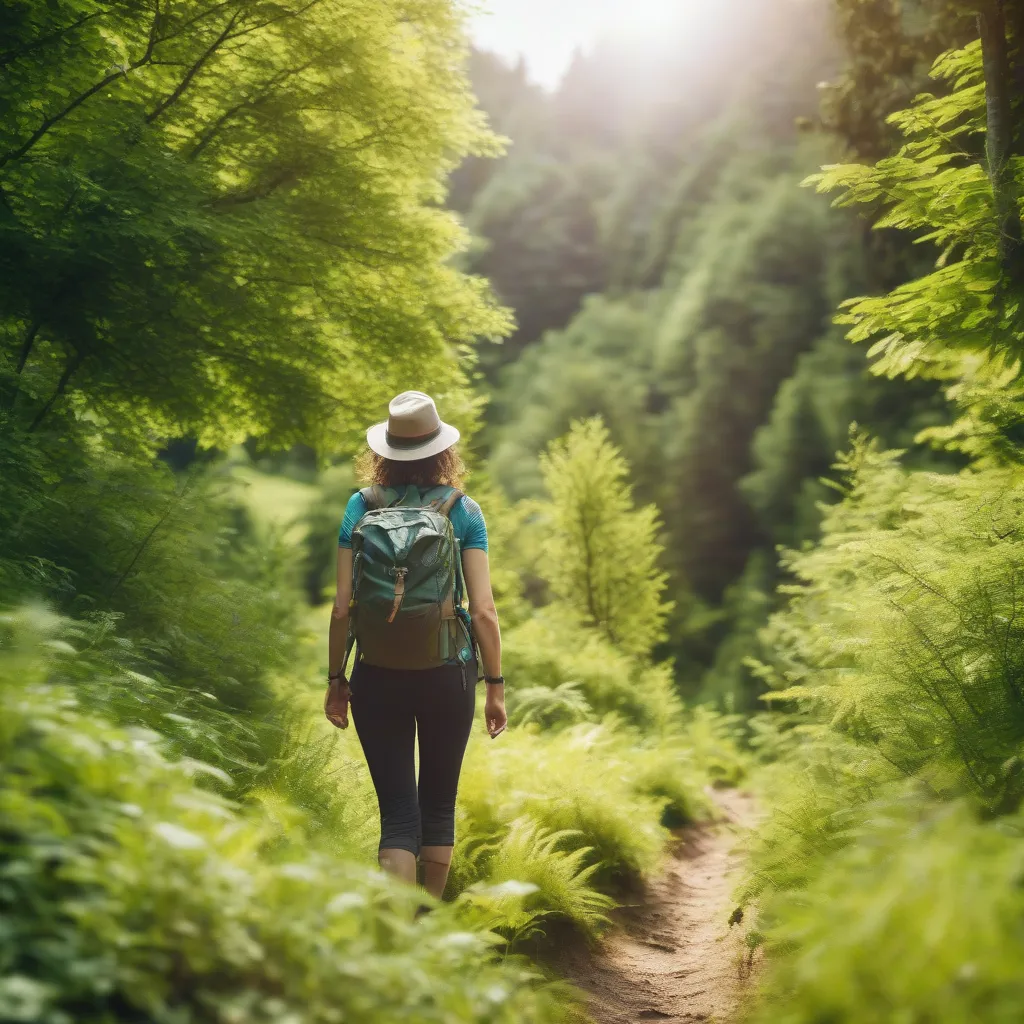 Woman wearing a backpack hiking in a lush forest