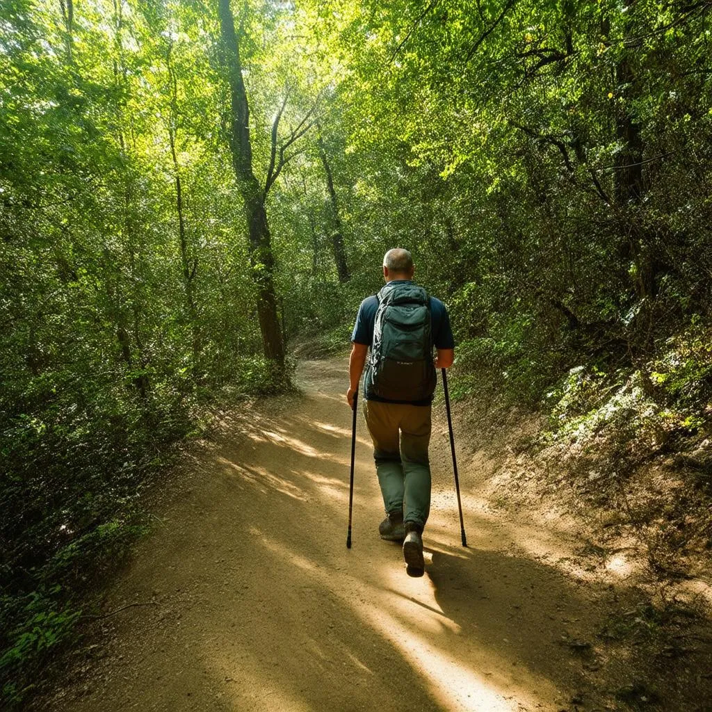 Hiker walking through a sunlit forest path