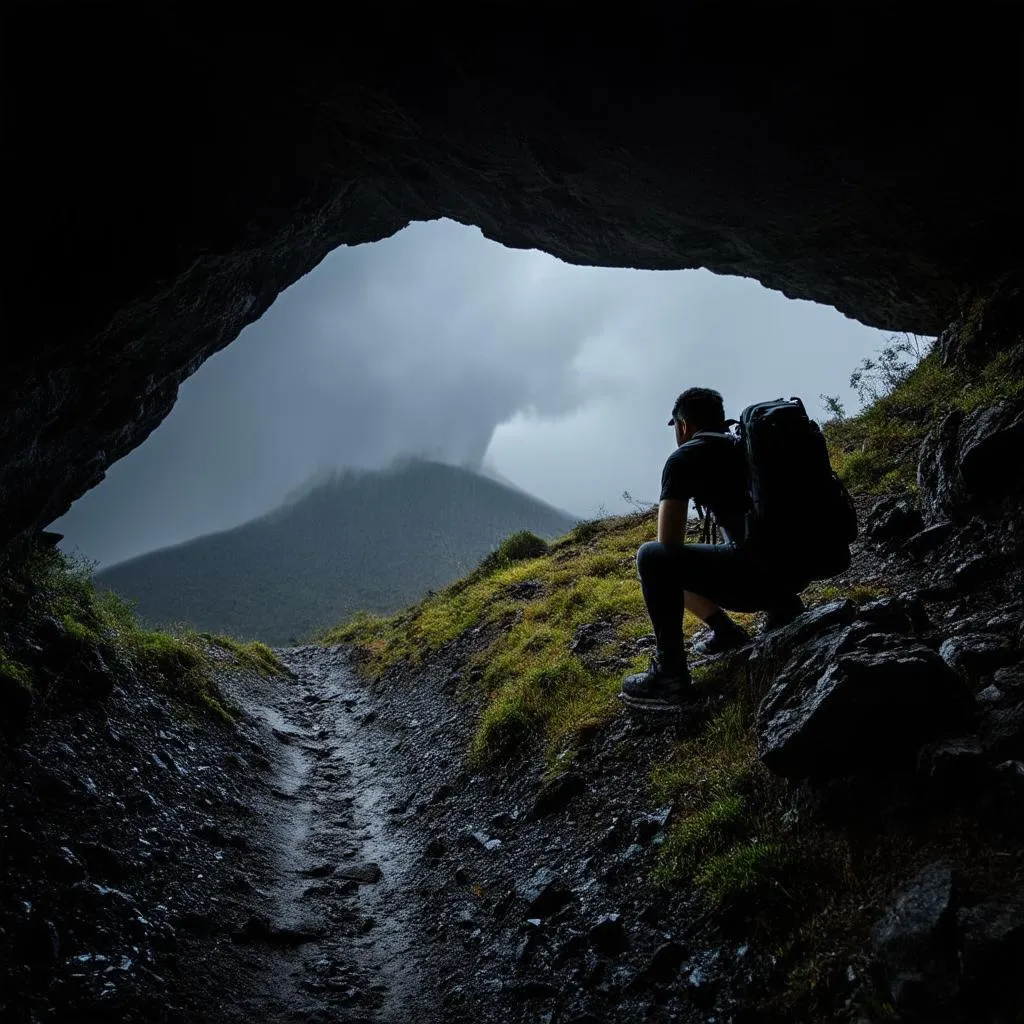 Hiker Seeking Shelter in Thunderstorm