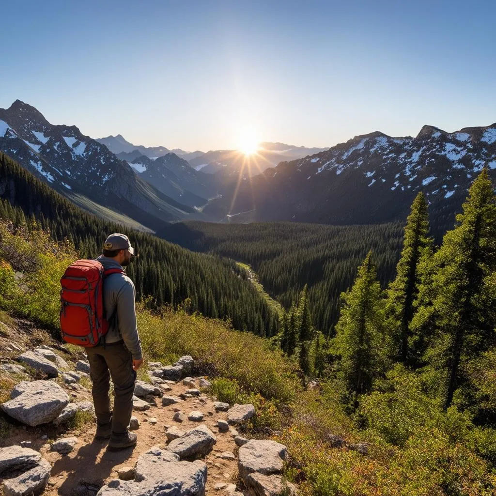 Hiker enjoying a mountain view on the trail