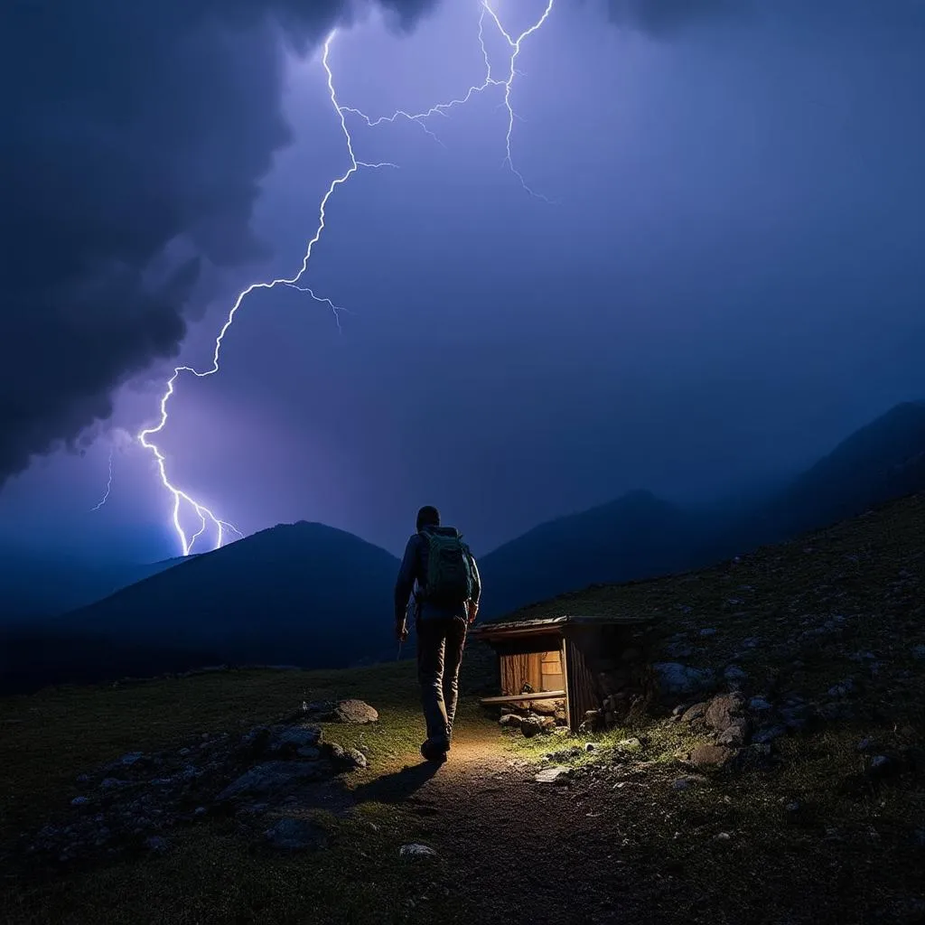 Hiker Watching Lightning Storm from a Distance