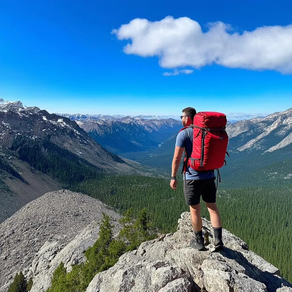 A hiker with a backpack standing on a mountain overlooking a valley