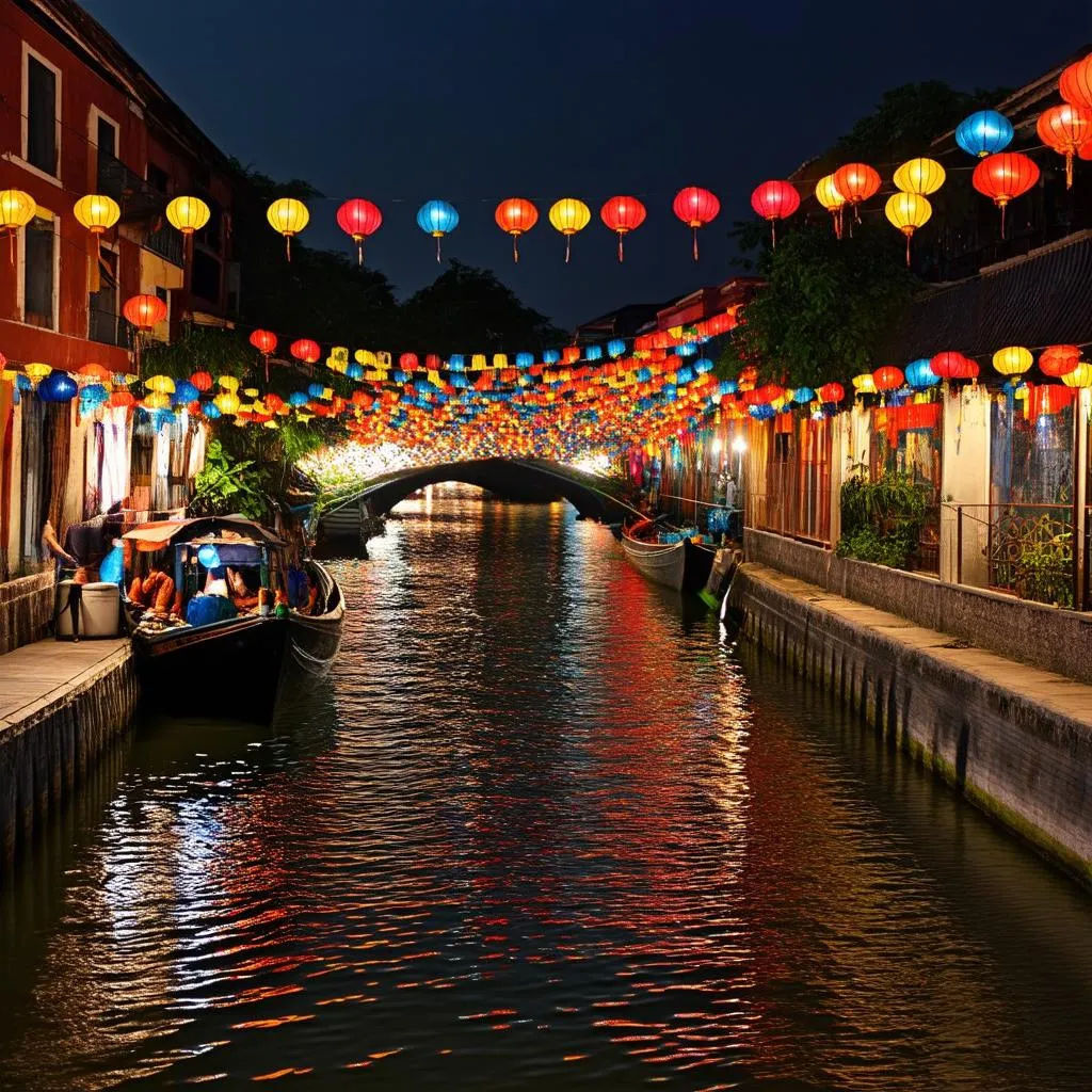 Lanterns illuminate the Thu Bon River in Hoi An, Vietnam