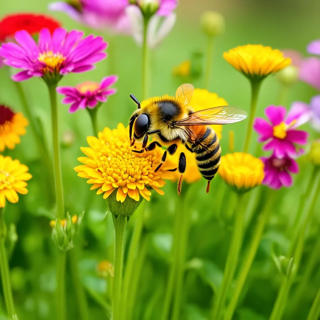 Honeybee on Colorful Flowerbed