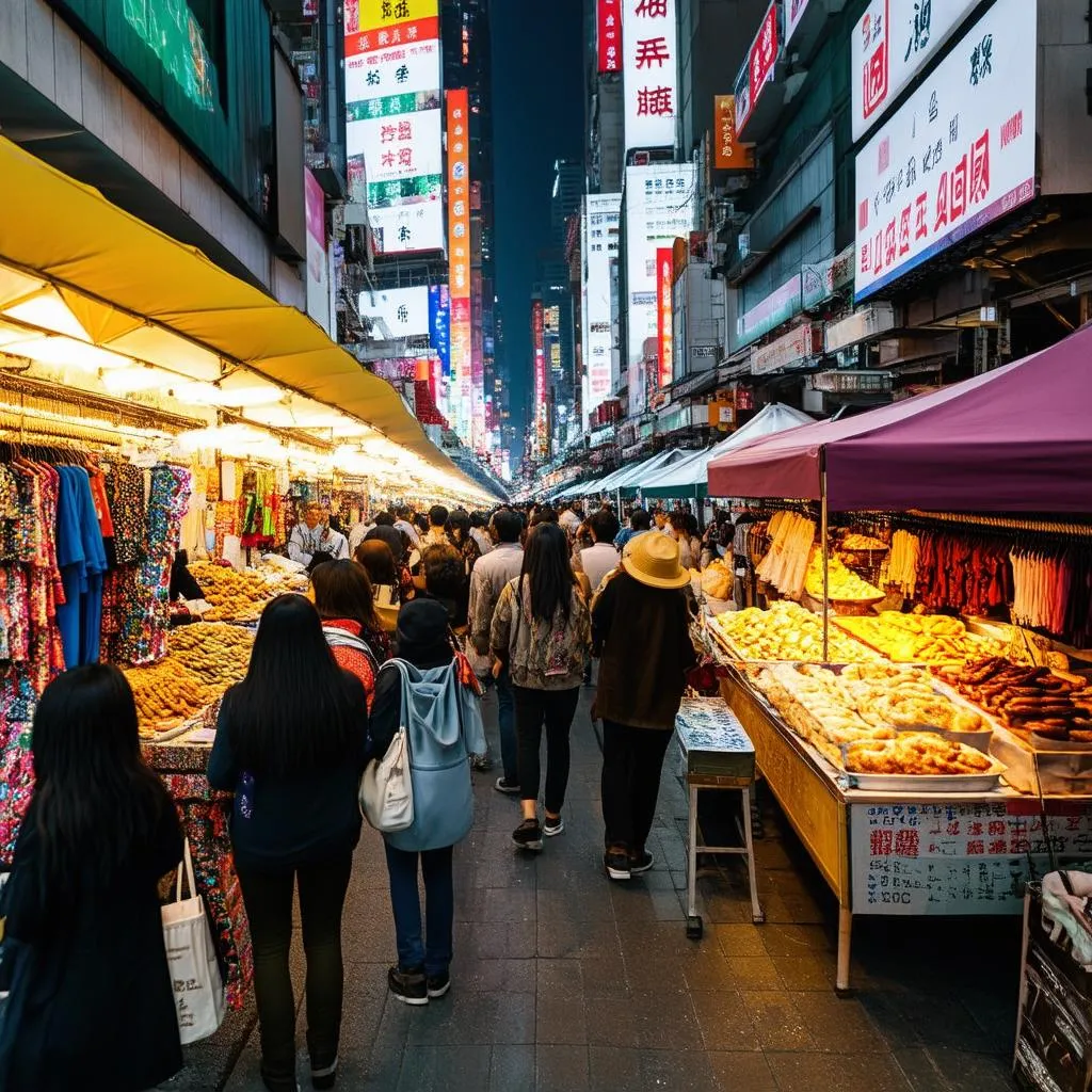 Bustling Temple Street Market at Night