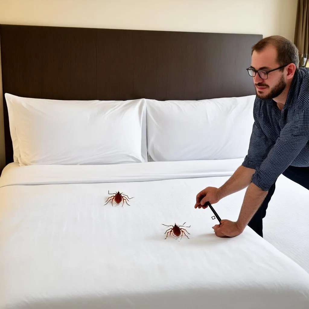 Inspecting Hotel Room for Bed Bugs