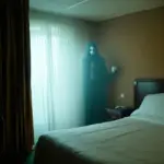 A vintage hotel room with a ghostly figure fading into the wall