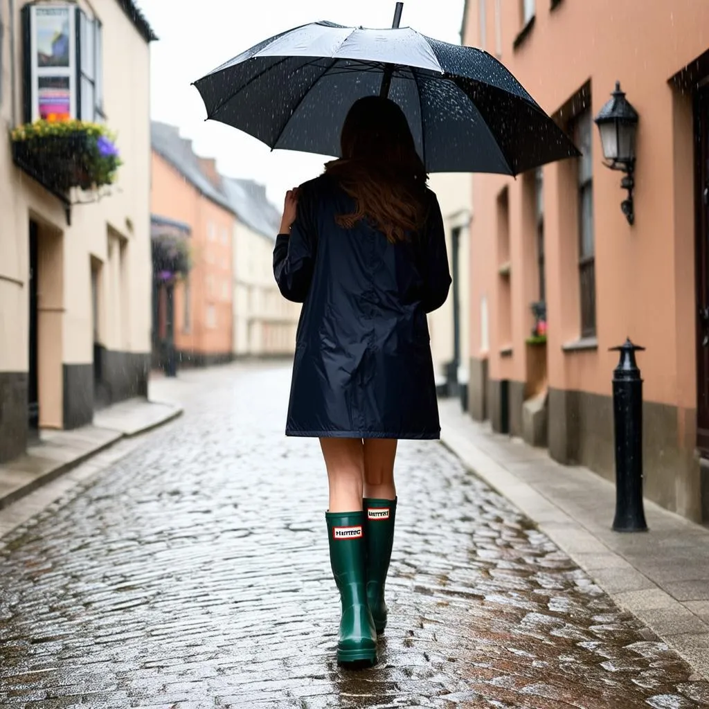 Woman in Hunter boots walking on a cobblestone street