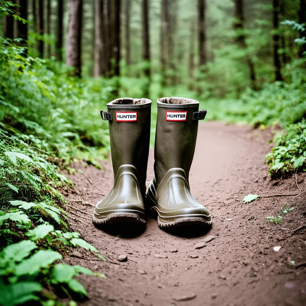 Hunter boots on a muddy hiking trail