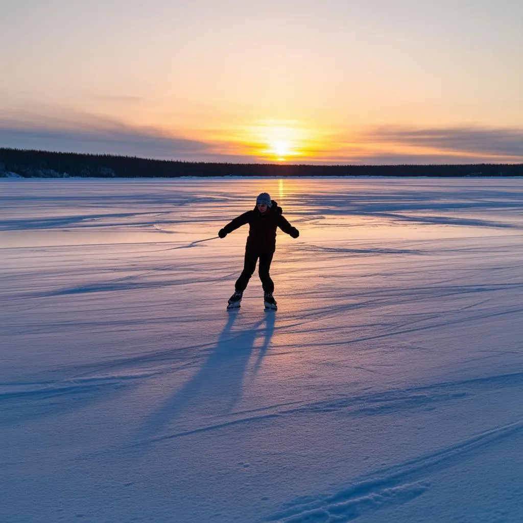 Skater Gliding Across Frozen Lake