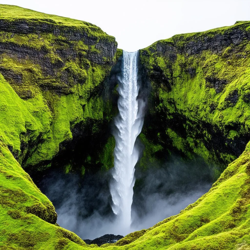 Waterfall Cascading Through Lush Icelandic Landscape