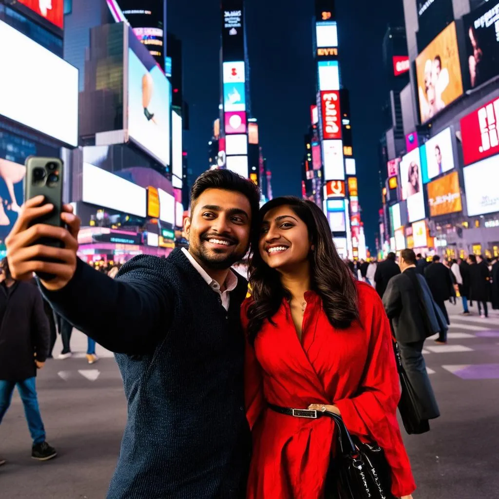 Indian Couple Taking a Selfie in Times Square