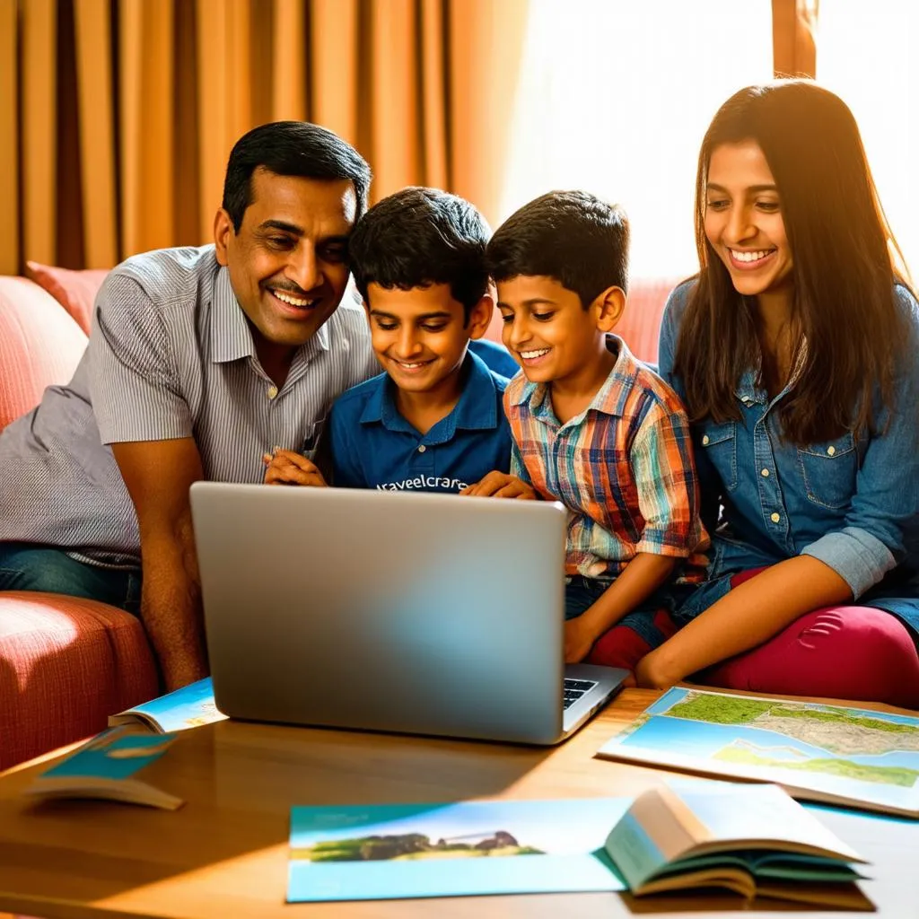 An Indian family huddled around a laptop, brows furrowed in concentration, as they plan their next vacation on travelcar.edu.vn