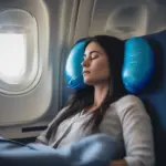 Woman sleeping soundly on a plane with an inflatable travel pillow