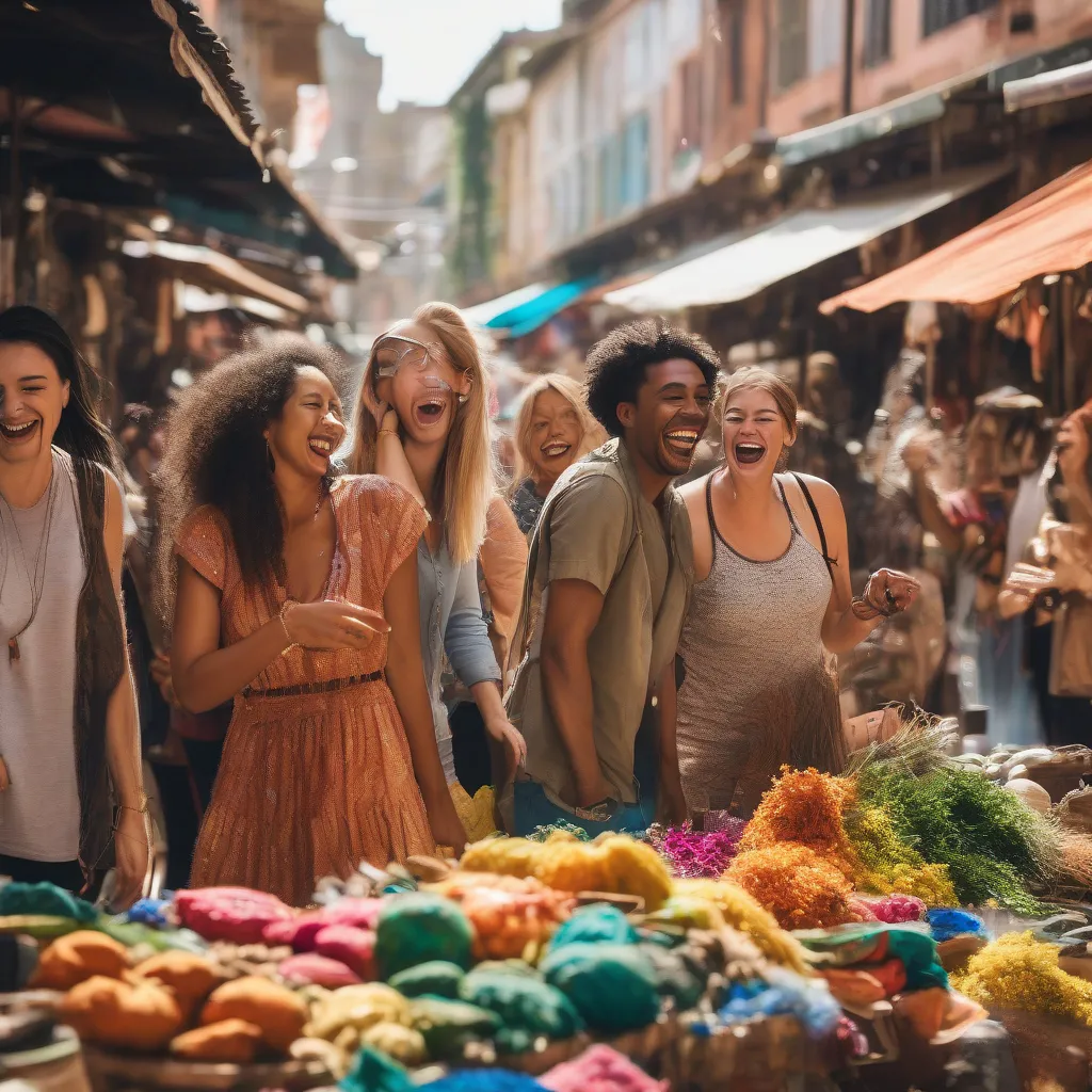 Group of diverse friends laughing together while exploring a bustling market