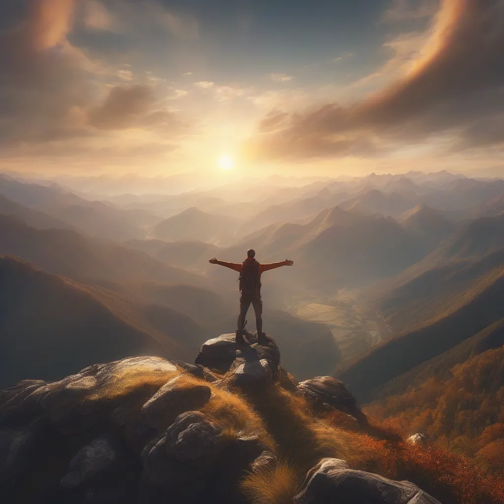 A lone traveler standing atop a mountain, arms outstretched, gazing at a breathtaking vista of mountains and valleys