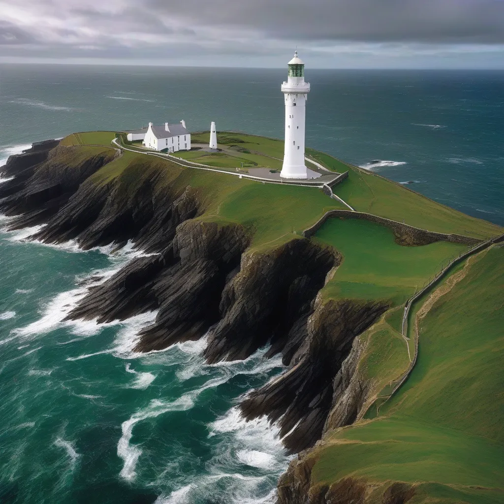 A solitary lighthouse stands on a rugged cliff, overlooking the vast expanse of the Atlantic Ocean. The sky is a dramatic mix of grey and blue, hinting at the wild beauty of the Irish coast.