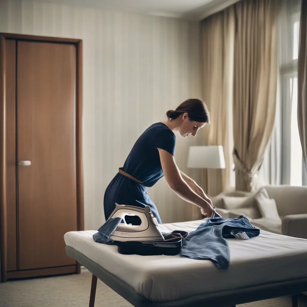 Ironing clothes in a hotel room