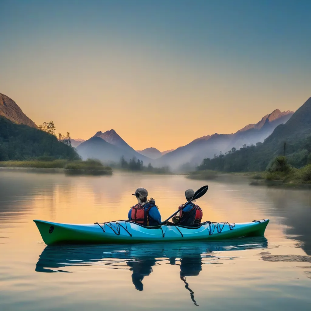 Kayak on Serene River with Mountains