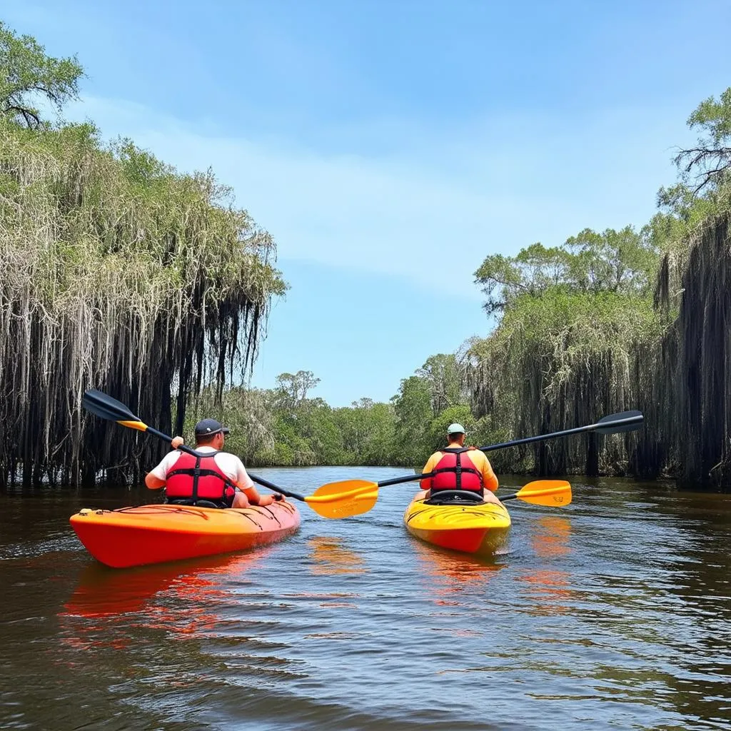 Kayakers paddling down a peaceful river in Louisiana