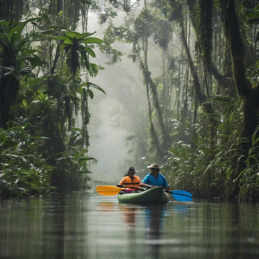 Kayakers navigate the Amazon River