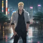 Kisaki Tetta standing in the rain, Tokyo cityscape in the background