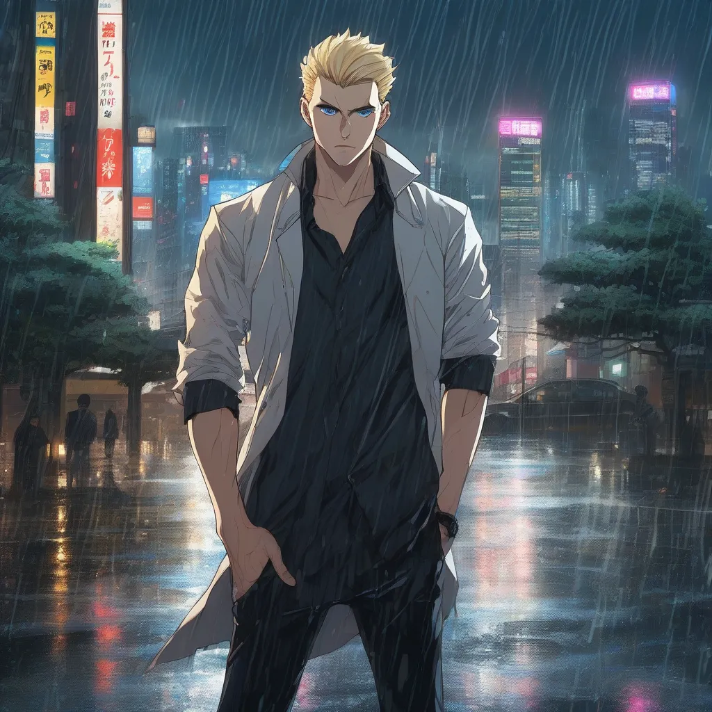 Kisaki Tetta standing in the rain, Tokyo cityscape in the background