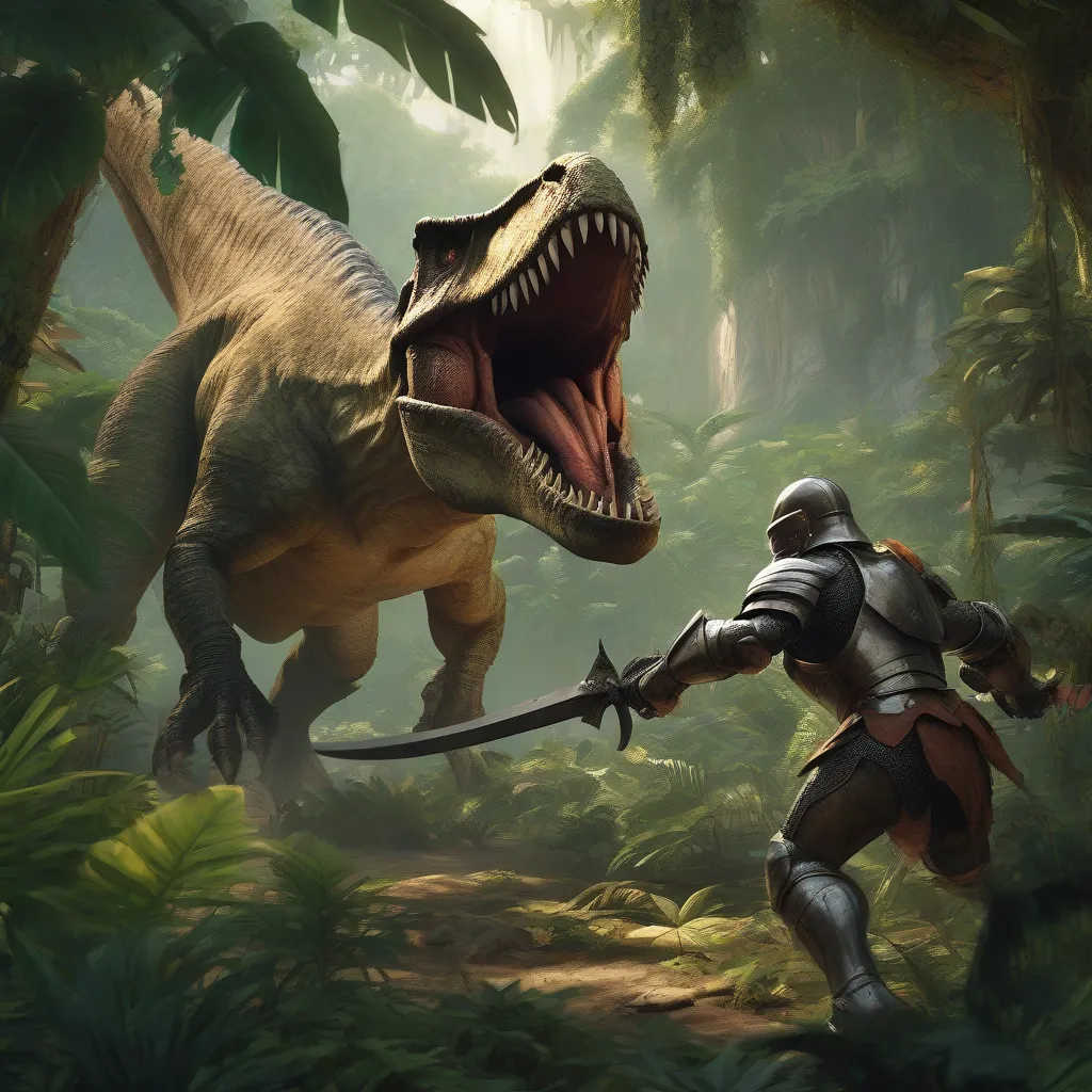 A Knight Battles a Dinosaur