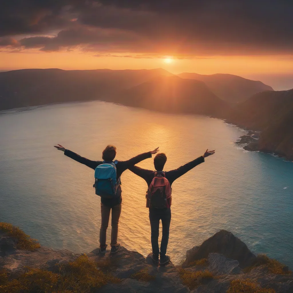 A person standing on a cliff overlooking a beautiful sunset