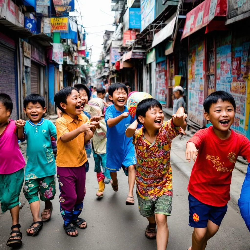 Children laughing and playing in Hanoi's Old Quarter