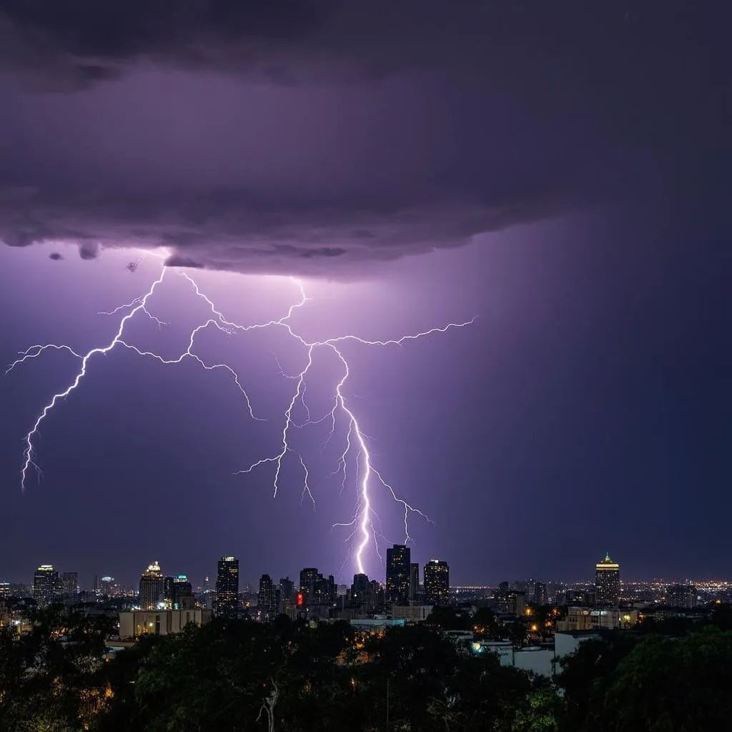 Lightning illuminates a city skyline