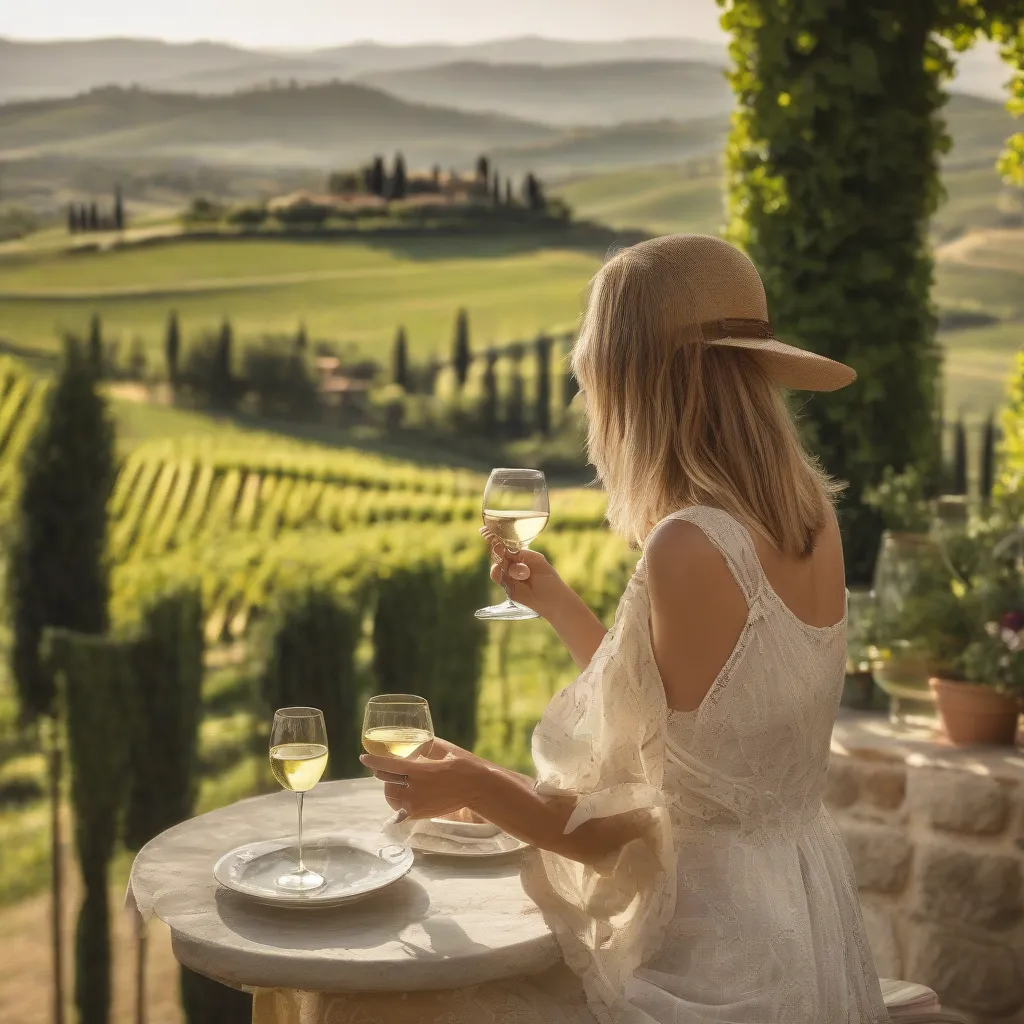 Woman enjoying a glass of wine overlooking a vineyard