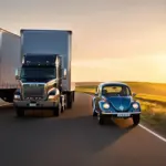 A Mack truck and a Volkswagen driving down a scenic highway.