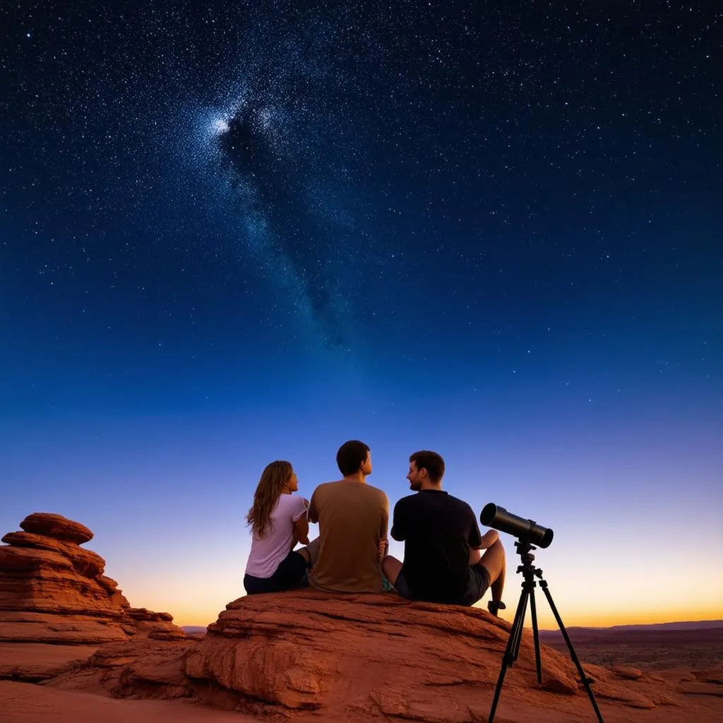 Man and woman stargazing in the desert