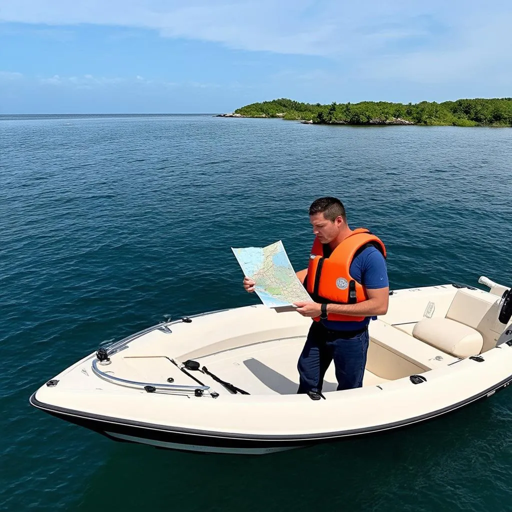 Man Checking Map on Boat