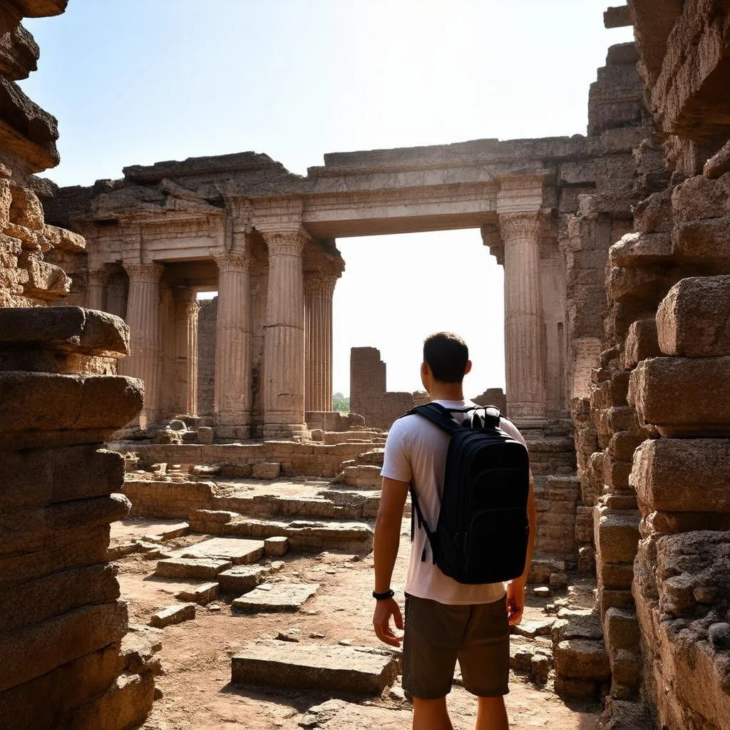 Man Exploring Ancient Ruins