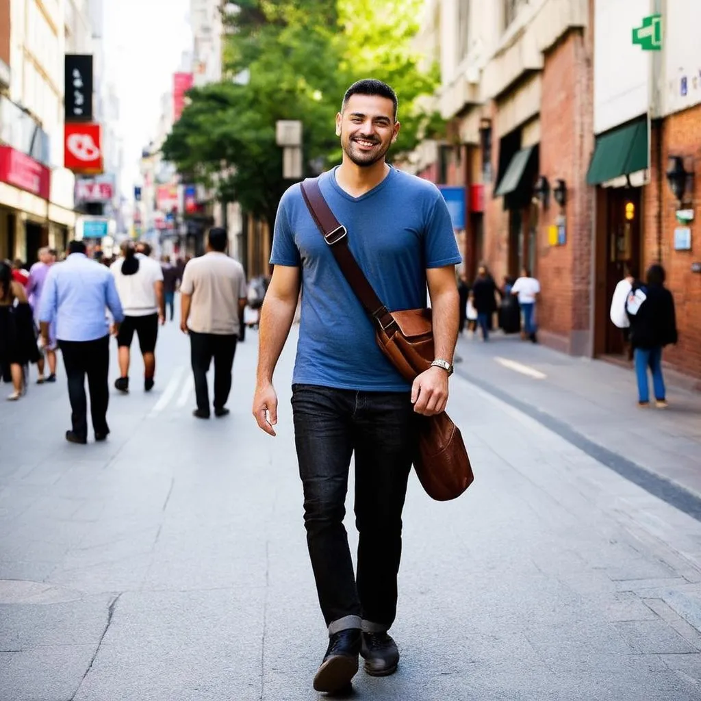 Man Exploring City with Messenger Bag