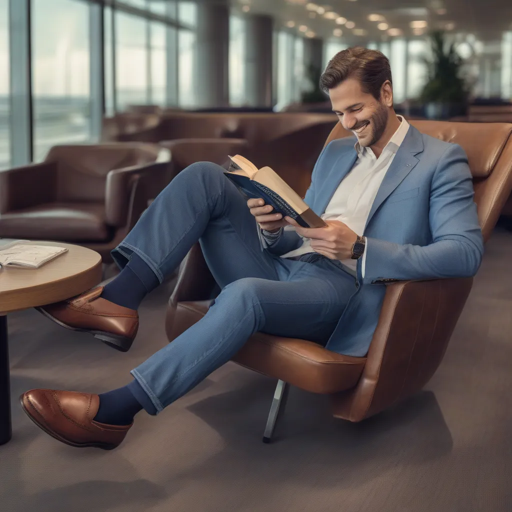 Man Relaxing in Airport Lounge in Stylish Travel Outfit