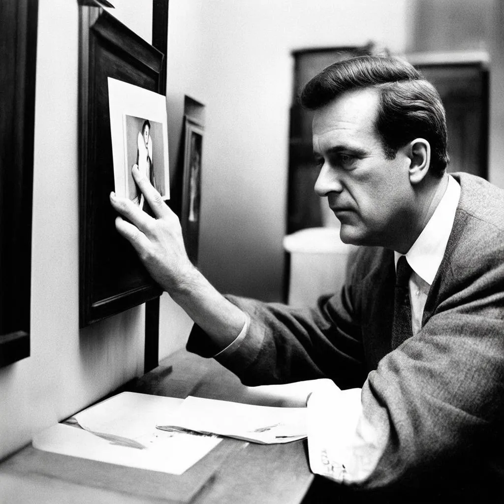 A man looking at an old photograph with a contemplative expression