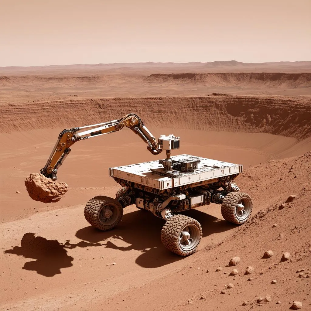 Mars Rover Investigating a Crater