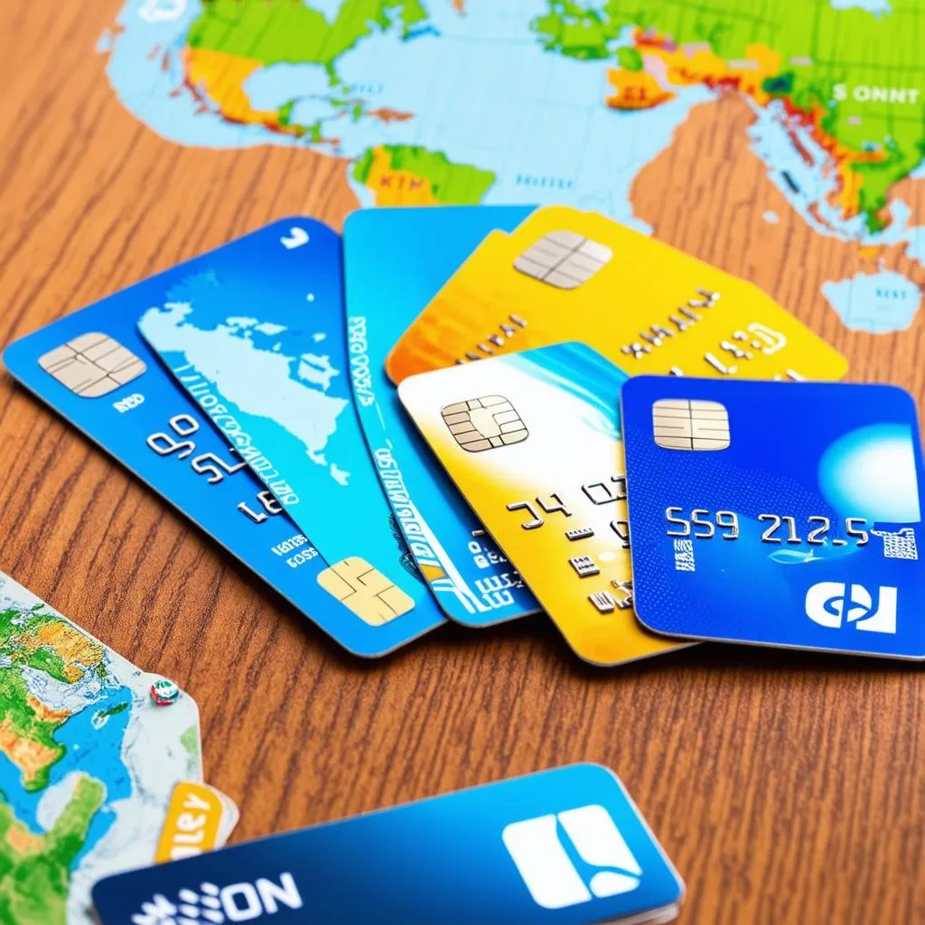 Credit cards fanned out on a table with a world map in the background