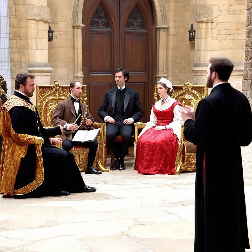 A medieval musician performs for a king and queen in a castle courtyard