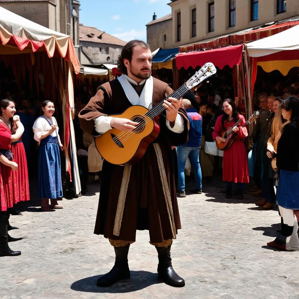 A medieval musician performs in a bustling market square