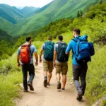 Group of Men Hiking on Mountain Trail