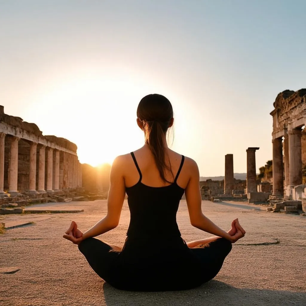 Woman Meditating with Roman Ruins in Background