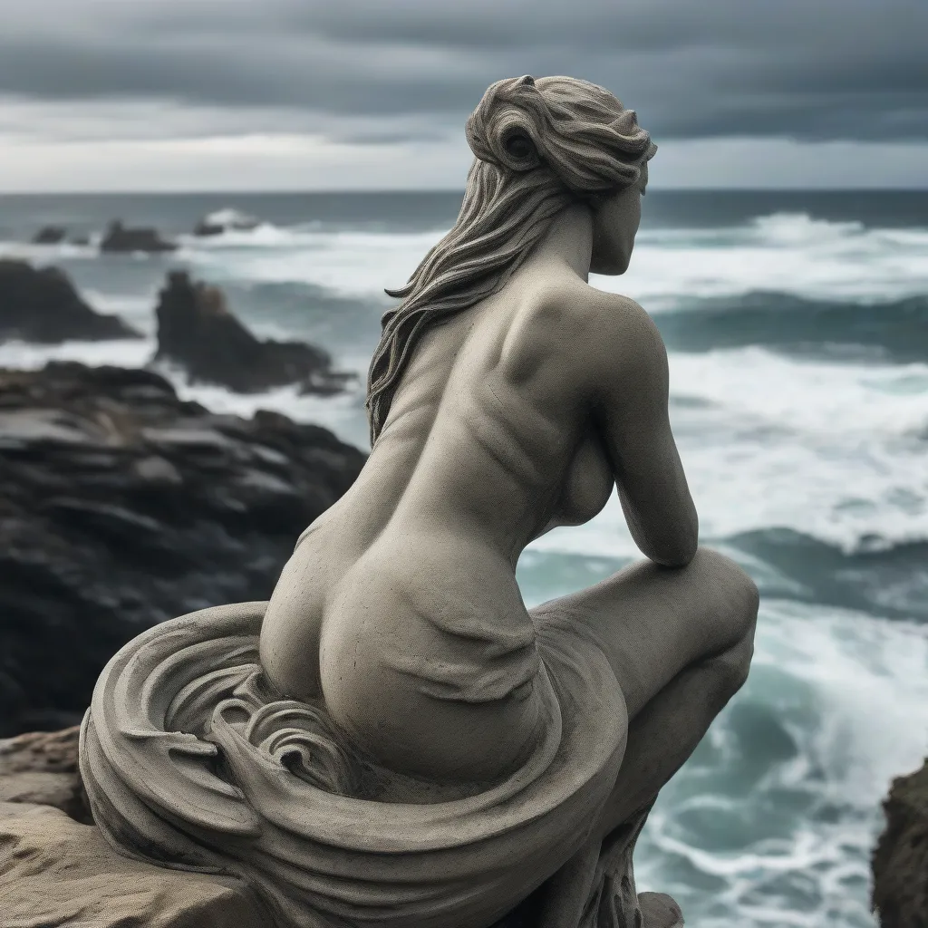 A weathered stone statue of a mermaid overlooking the ocean