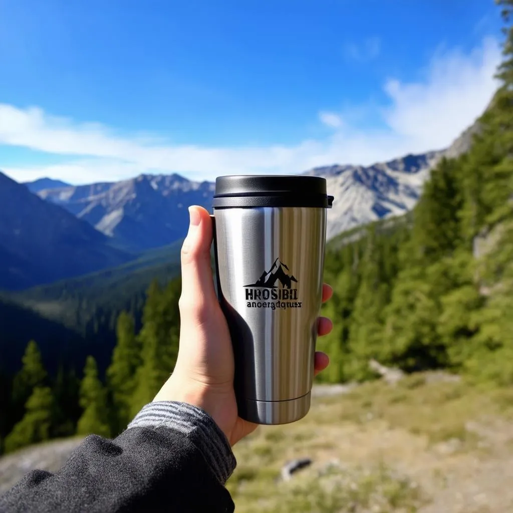 Metal Travel Mug on a Mountain Top