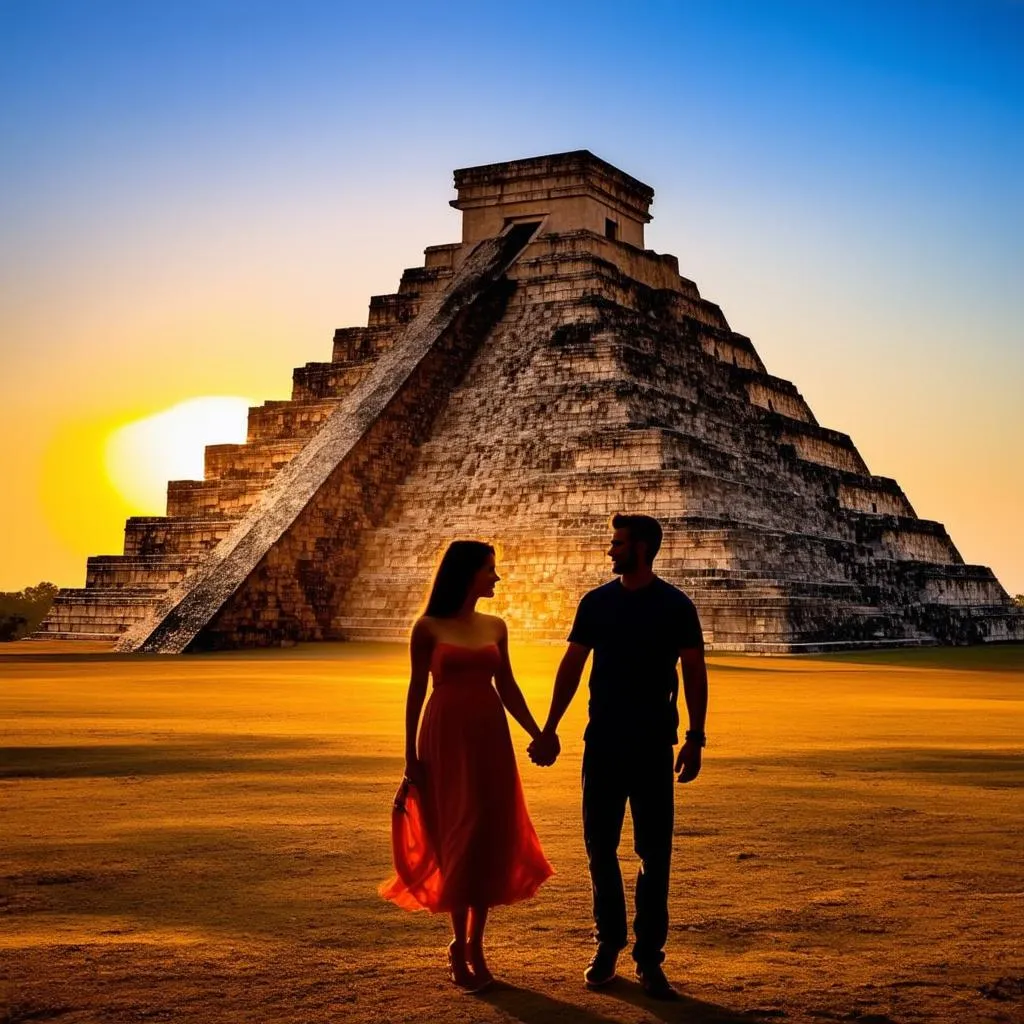 Couple watching sunset at Mexican Pyramids